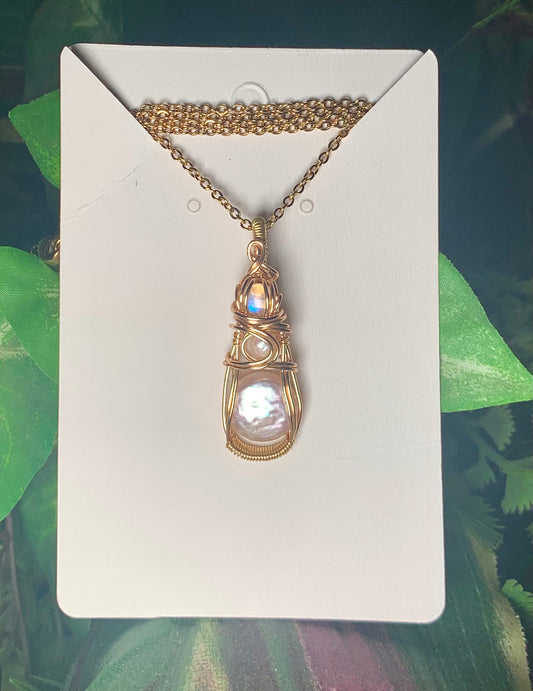 Double Freshwater Pearl & Rainbow Moonstone Gold Pendant